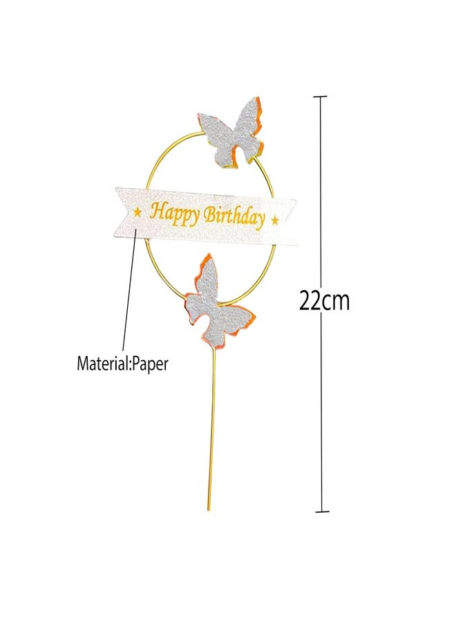 pop colours Happy Birthday Cake Topper | with Butterflies| 22 cm | Paper Circle Design, Gold Metal Ring With White Gliter Butterfly with Banner | (White) - Image 3